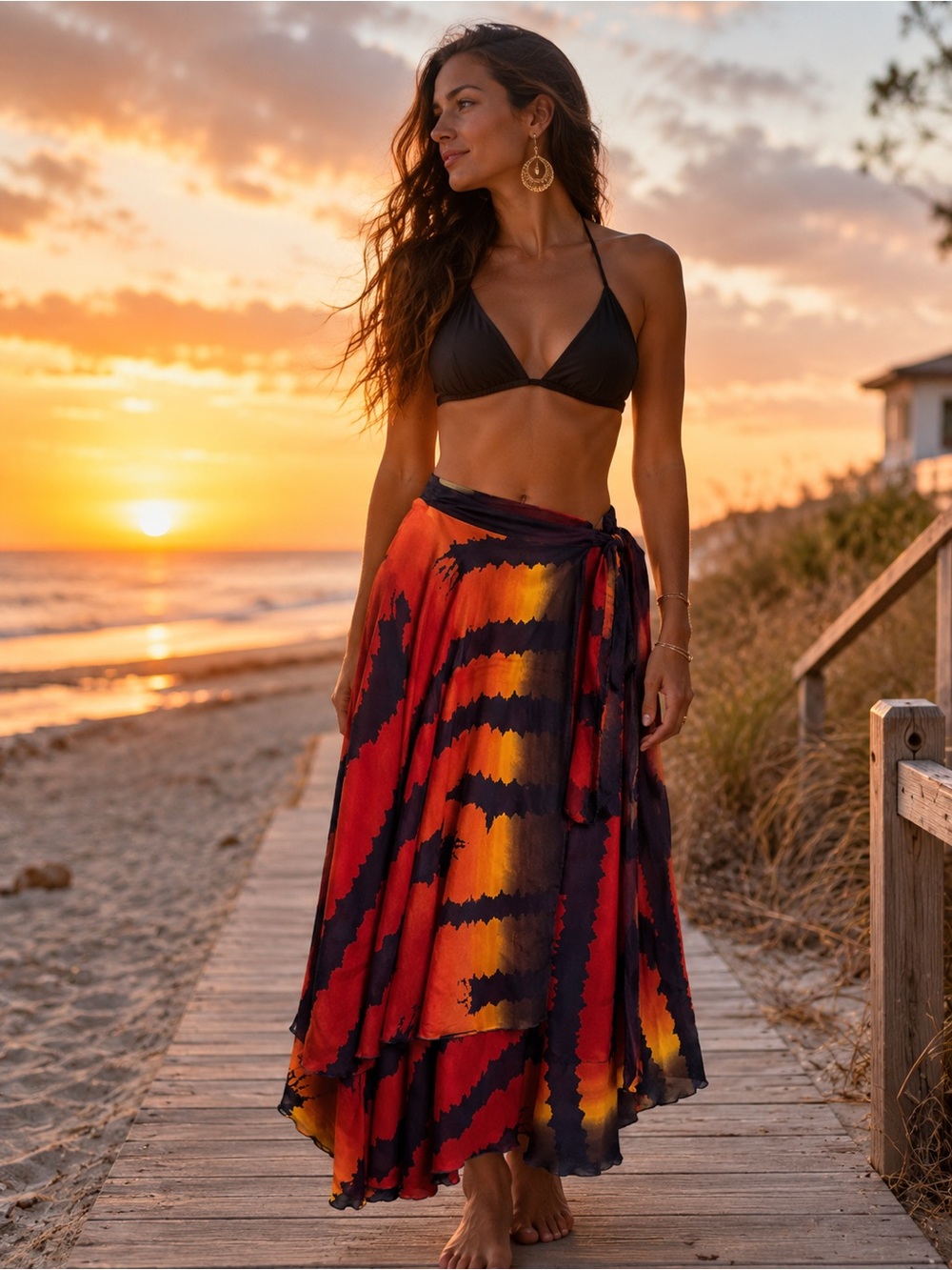 Kariza Designs Silk Blend Wrap Skirt Abstract Resort Boho Midi